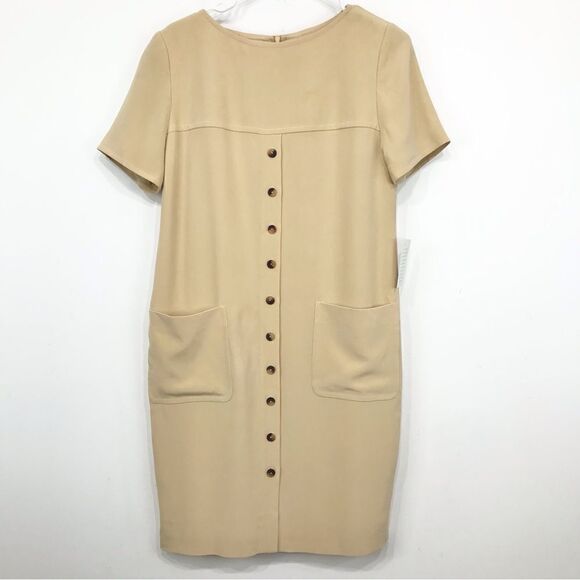 Jones New York Creamy Tan 100% Silk Minimalist Neutral Shift Dress NEW - Picture 1 of 14